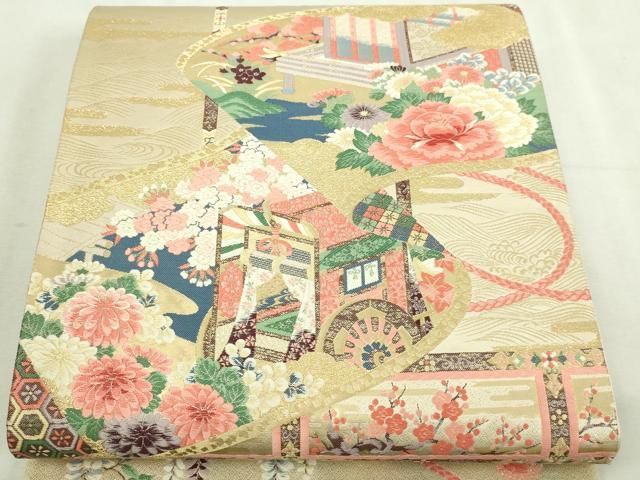 平和屋本店▼六通柄袋帯　唐織　九百錦　風景草花文　純金箔24ｋ　正絹　逸品　DABI1306sf