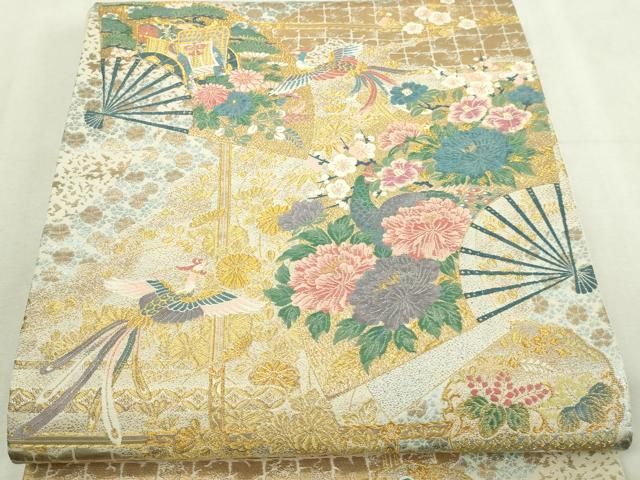 平和屋本店▼六通柄袋帯　薫舞桧扇文　本金箔　正絹　逸品　DABI1315sf