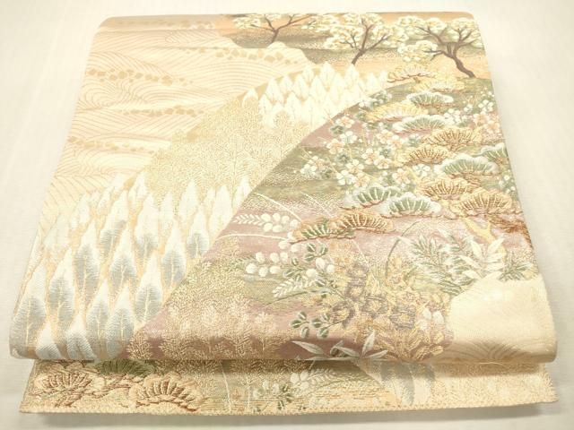 平和屋本店▼六通柄袋帯　唐織　風景花松文　純金二重箔　九百錦　正絹　逸品　DABH0903op