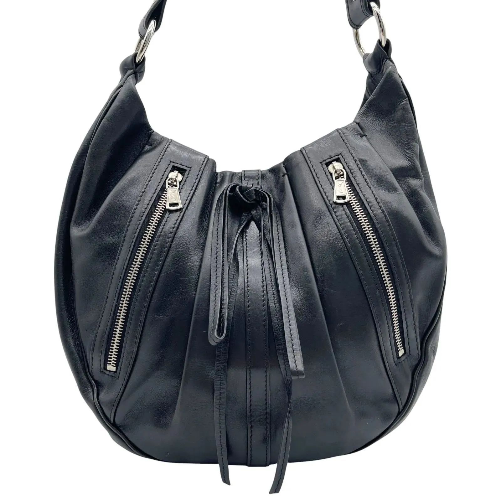 美品 Yves Saint Laurent イヴサンローラン rive gauche リヴゴーシュ レザーワンショルダーバッグ プリーツ ホーボーバッグ ハンドバッグ ワンショルダー レザー ブラック 黒 ヴィンテージ レディース