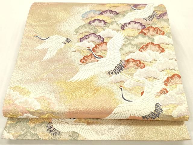 平和屋本店▼六通柄袋帯　慶寿松鶴文　純金箔二重織　正絹　逸品　DABH0914op