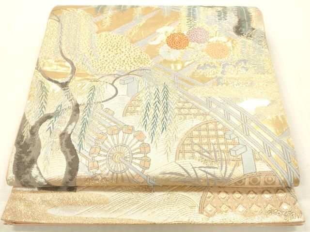 平和屋本店▼六通柄袋帯　唐織　柳橋水車華文　本金箔　正絹　逸品　DABH0917op