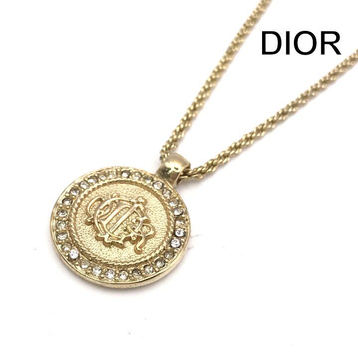 美品 Christian Dior ディオール エンブレム ロゴ ラインストーン チェーン ネックレス ゴールド ブランド アクセサリー y138