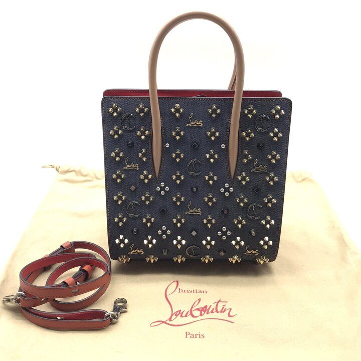 美品 Christian Louboutin クリスチャン ルブタン パロマ レザー デニム スタッズ 2way ハンド ショルダー バッグ レディース y560