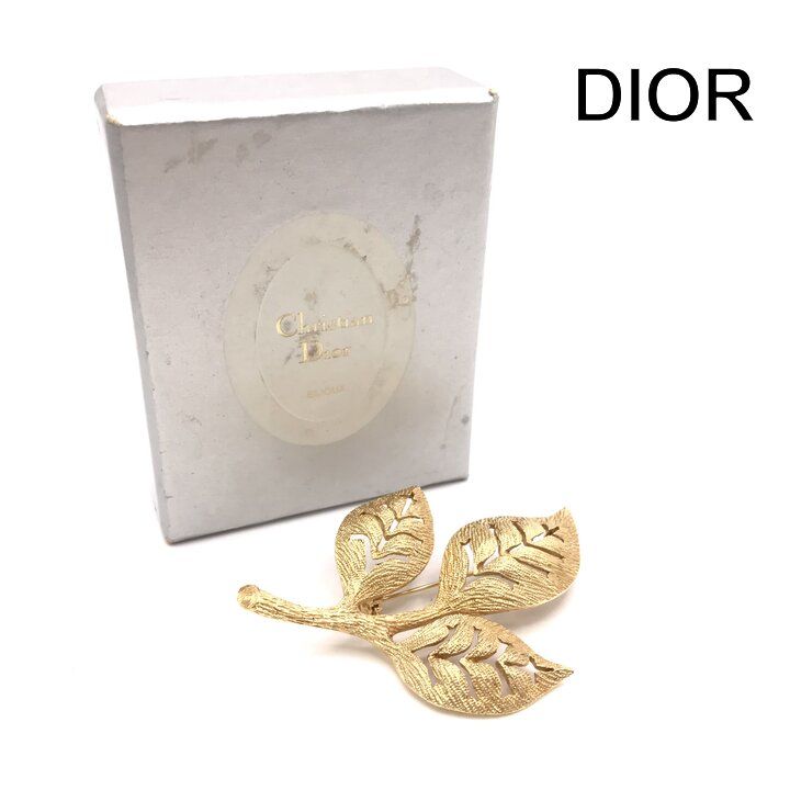 美品 Christian Dior ディオール ヴィンテージ リーフ ブローチ アクセサリー 箱付き ゴールド ブランド 小物 ファッション y577