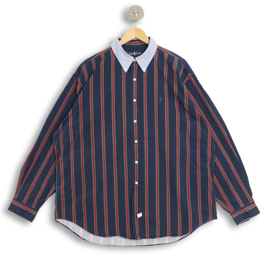 大きいサイズ メンズXL 90’s ラルフローレン RALPH LAUREN 長袖ボタンダウンシャツ 襟オックスフォード ストライプ 実寸胸囲145cm ネイビー系 hsc-1339 【アメカジ】【古着】【中古】