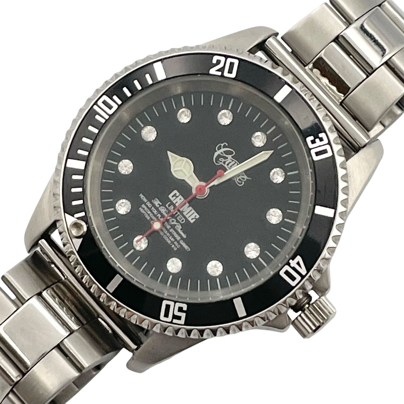 Running/Brand New Battery CRIMIE Climie Watch Quartz 3 Hand Diver Black Dial Metal Band Silver Black 12P Limited QZ Rhinestone Luminescent Lumi Bright Skull Analog [n17]