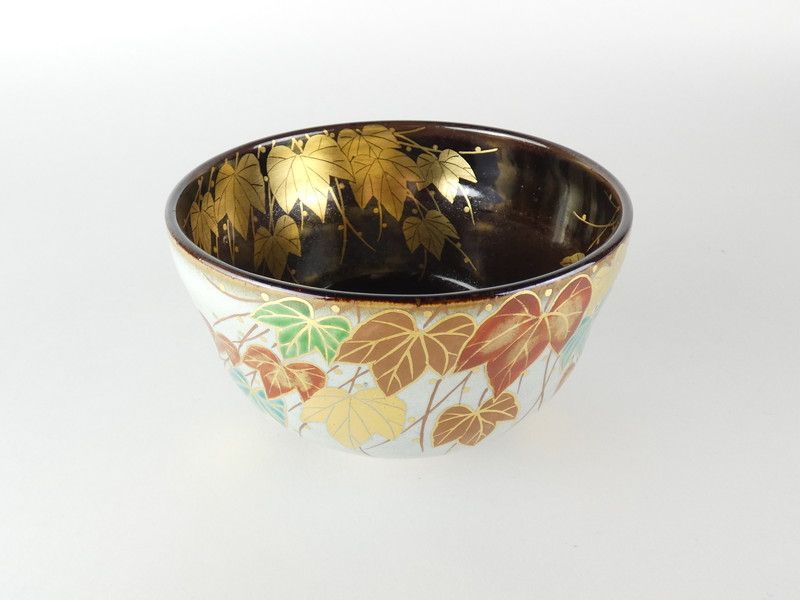 淡海ぜぜ 陽炎園 造 岩崎新定 膳所焼「色絵 蔦 茶碗」共箱 保証品