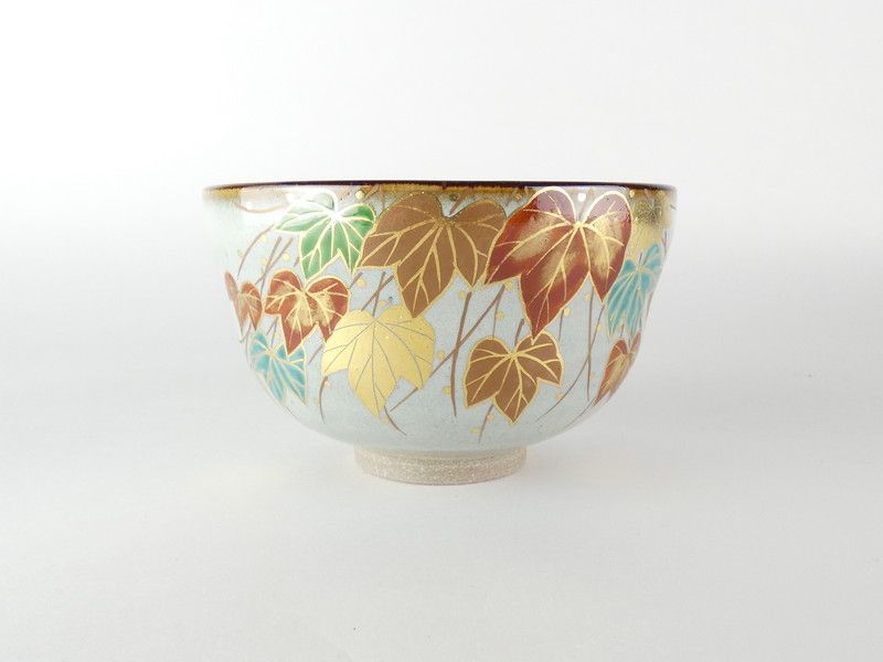 淡海ぜぜ 陽炎園 造 岩崎新定 膳所焼「色絵 蔦 茶碗」共箱 保証品