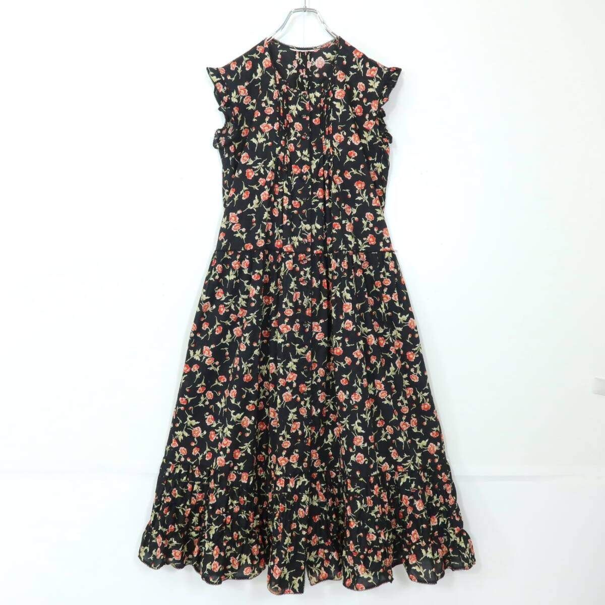 【美品】ワンダフルワールド カネコイサオ★花柄♪ノースリーブワンピース 黒系 裾ティアード♪薄手 z19760
