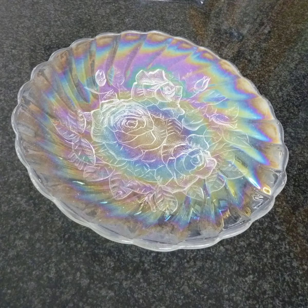 【昭和レトロ】 ガラス大皿 レインボーローズ 薔薇 オーロラ 虹彩 プレート 約30cm