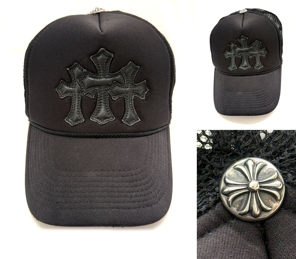 CHROME HEARTS　クロムハーツ　レザー セメタリー クロス　キャップ　MADE IN USA　黒　希少　CH クロスボタン　シルバー925　ブラック　帽子　黒　レア　OTTO製　オールドセメタリー
