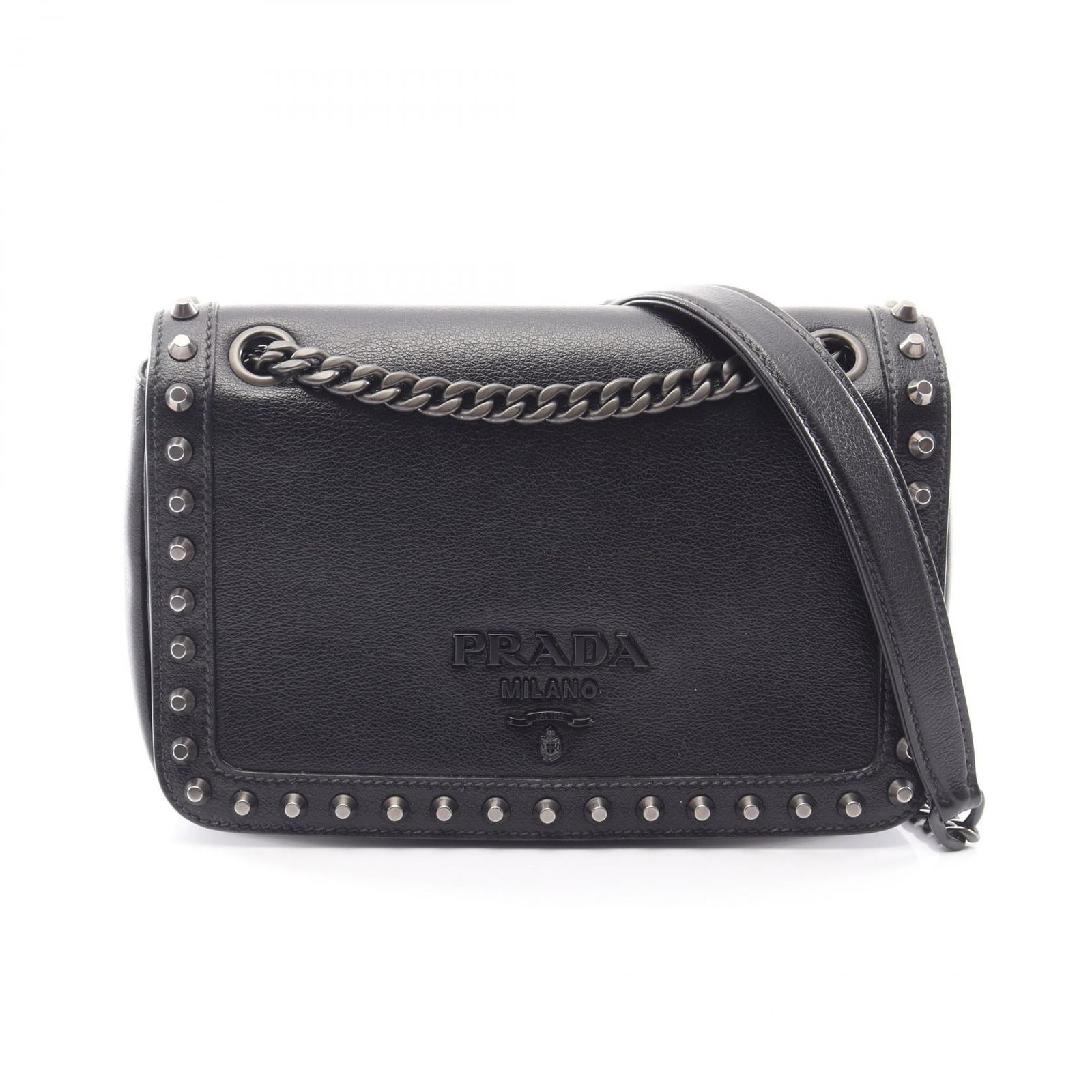 プラダ PRADA ショルダーバッグ GLACE'CALF 1BD147 ブラック レザー スタッズ チェーンショルダー レディース Used A