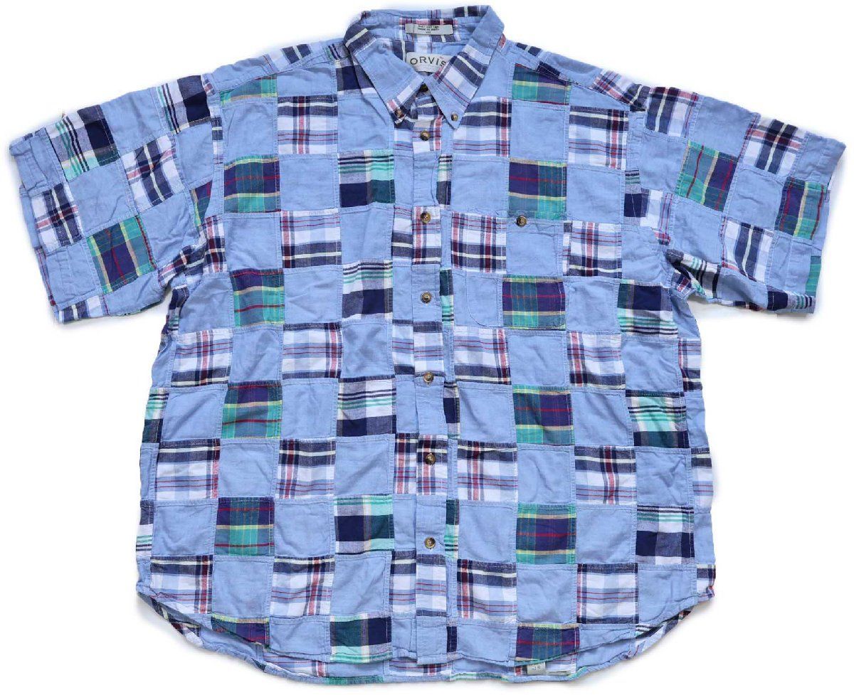 00s ORVISオービス マドラスチェック×シャンブレー パッチワーク ボタンダウン 半袖 コットンシャツ XXL★インド綿 特大 ビッグサイズ
