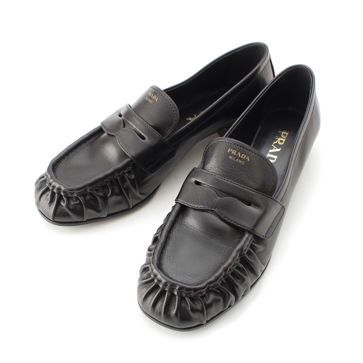 プラダ レザー ギャザー フラット ペニー ローファー シューズ 1D175O ブラック 37 1/2【中古】