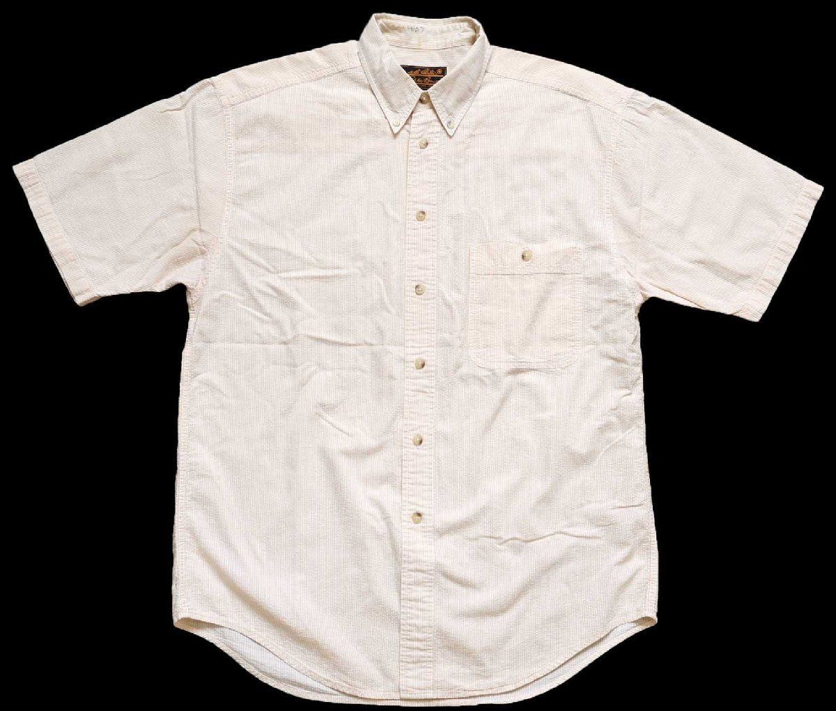 90s EddieBauerエディーバウアー ストライプ ボタンダウン 半袖 コットン シアサッカーシャツ 黄×白 M★ビンテージ アウトドア 黒タグ