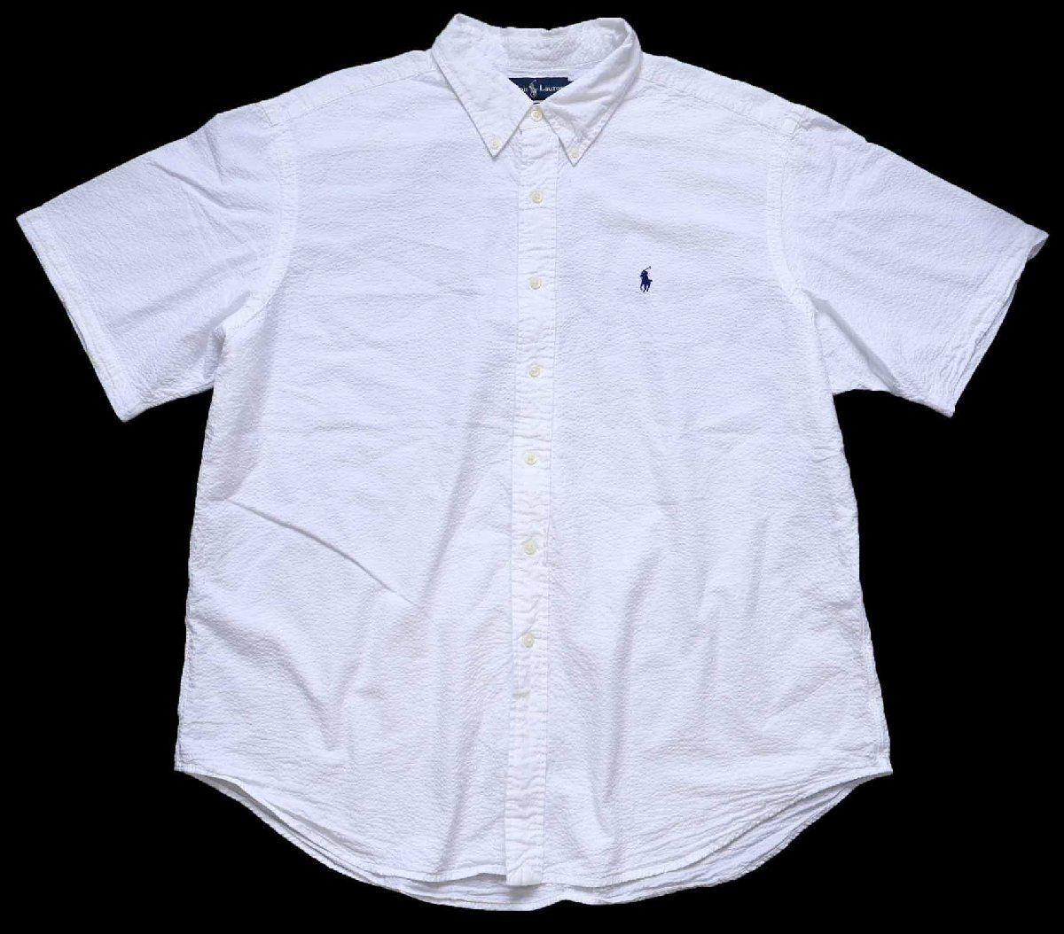 00s ラルフローレン CLASSIC FIT ワンポイント ボタンダウン 半袖 コットン シアサッカーシャツ 白 XXL★特大 オールド ビッグサイズ