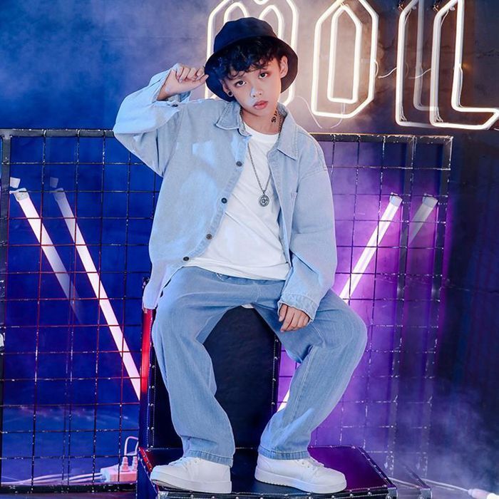 キッズダンス衣装 セットアップ HIPHOP ヒップホップ デニム 子供 デニムシャツ デニムパンツ ジャケット ロングズボン ステージ衣装 M0717-BUTY-1