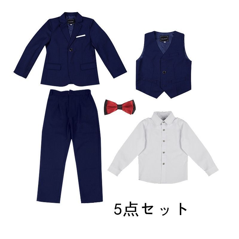 キッズスーツ 男の子スーツ 子供 スーツ 5点セット フォーマル 入学式 発表会 入園式 子供服 七五三 結婚式 卒園式 卒業式 小学生 保育園 M0717-KAQ5-1