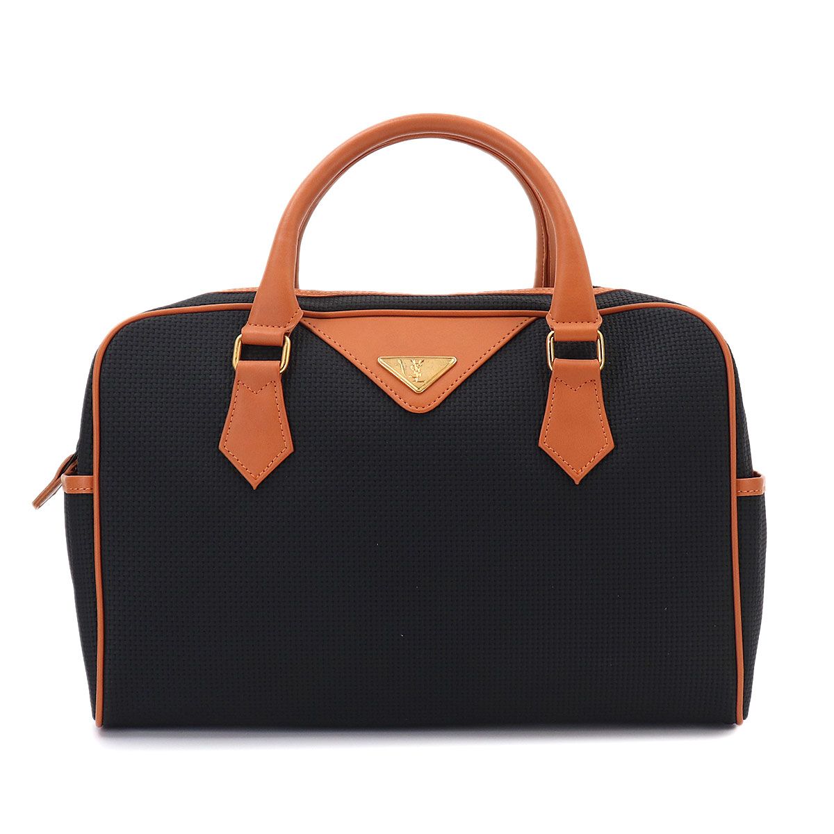 新品同様 イヴ サンローラン YVES SAINT LAURENT ボストン ハンド バッグ PVC レザー ブラック ブラウン ゴールド 金具 90331020 28,600円