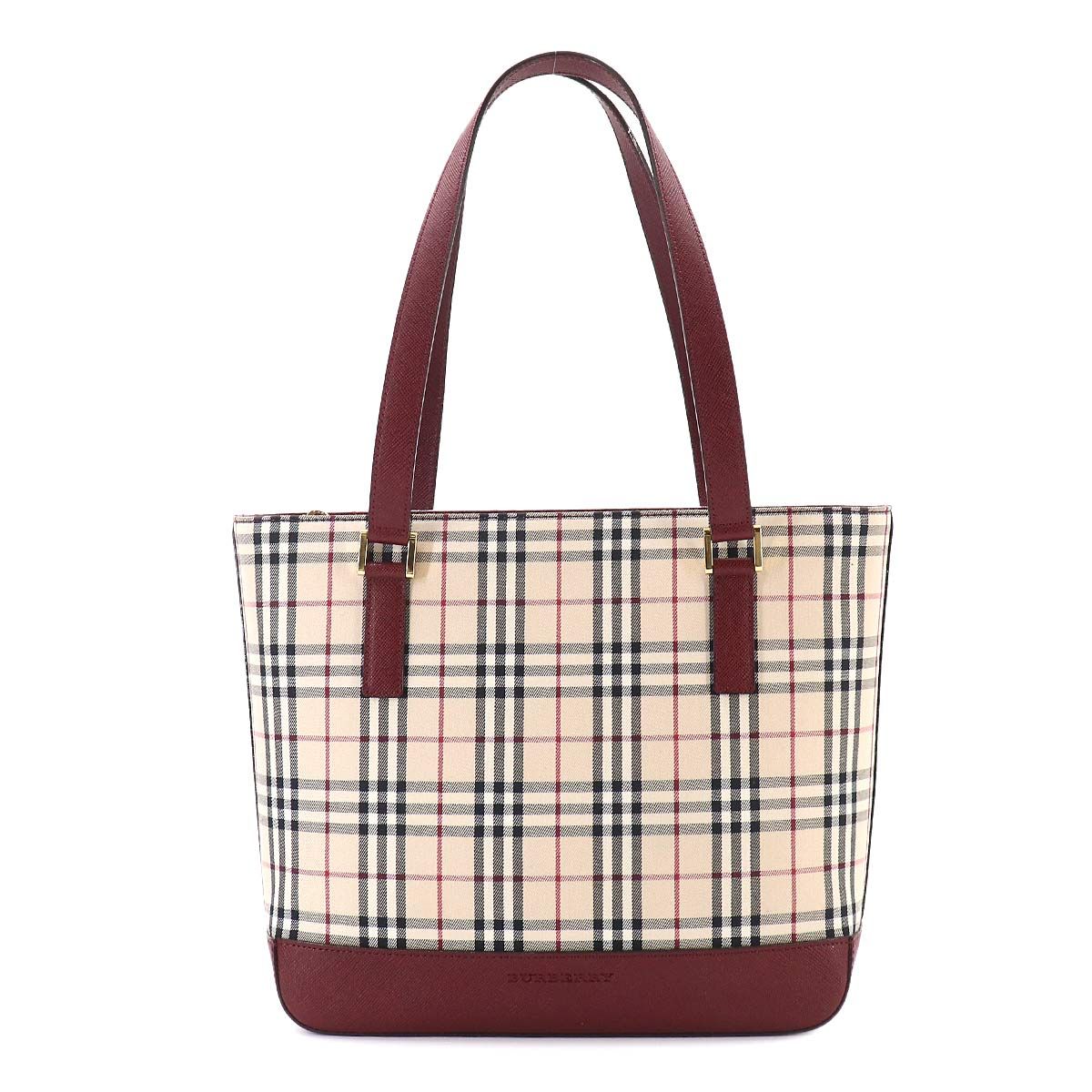 新品同様 バーバリー BURBERRY ノバチェック ハンド バッグ キャンバス レザー ベージュ ボルドー Hand Bag 90333879