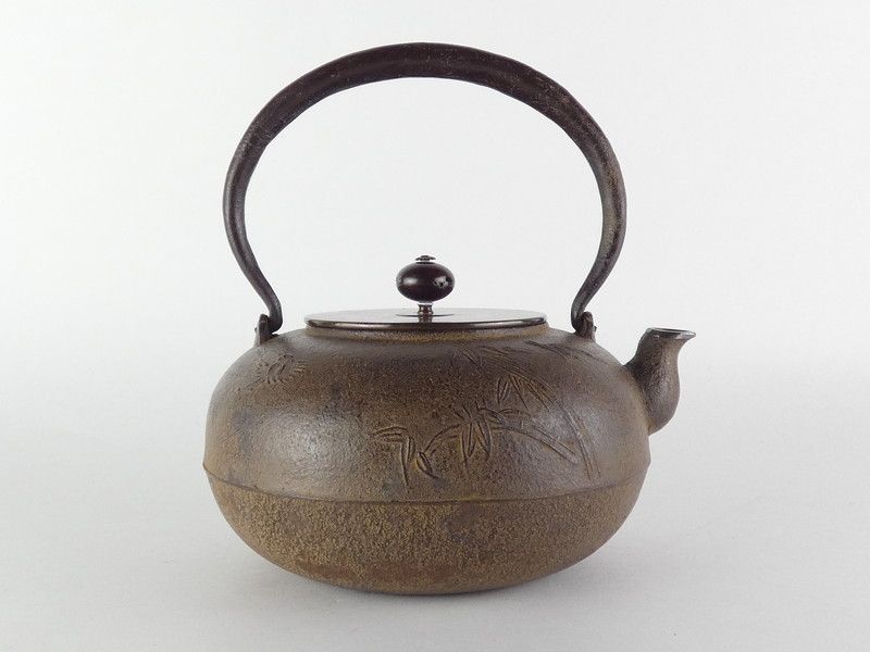 佐藤旺光 銀口「鉄瓶 平丸 竹に雀文」共箱 保証品 茶道具 /R(tk1