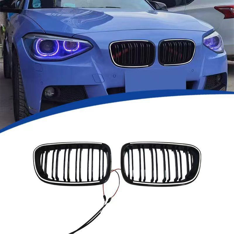 BMW 1シリーズ F20 2012-2014年対応 フロントグリル LED発光ライン付き PC製 ピアノブラック 交換取付式 フロントフェイス 外装アクセントパーツ