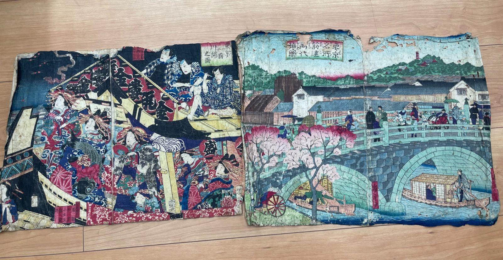 【2枚セット】明治期 浮世絵 錦絵「東京両国川開」「筋違万代橋」木版画 骨董