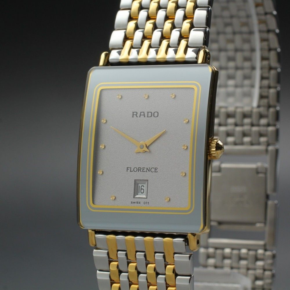 【稼働品】 RADO Florence 160.3605.2N シルバー ゴールド デイト タグ付き 純正ブレス クオーツ メンズ 腕時計 #17620