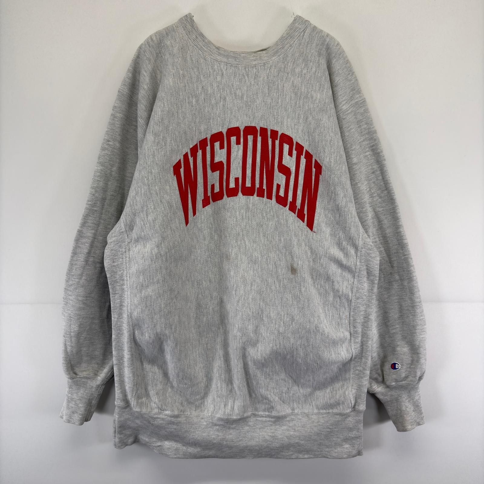 古着 90's/90年代 チャンピオン Champion USA製 スウェット プリント カレッジ リバースウィーブ WISCONSIN トレーナー 2XL グレー メンズ