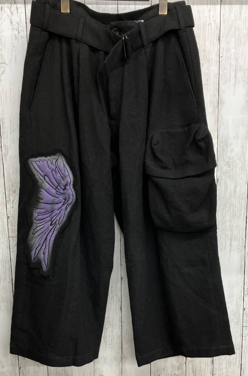 【美品】Yohji Yamamoto ウールパンツ ヨウジヤマモト ワイドシルエット 羽 ブラック size1
