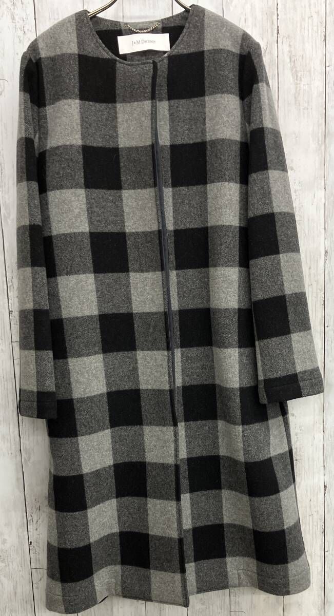 J&M davidson ノーカラーコート ジェイアンドエム　デビッドソン ブロックチェック ウール モノトーン カラー size8