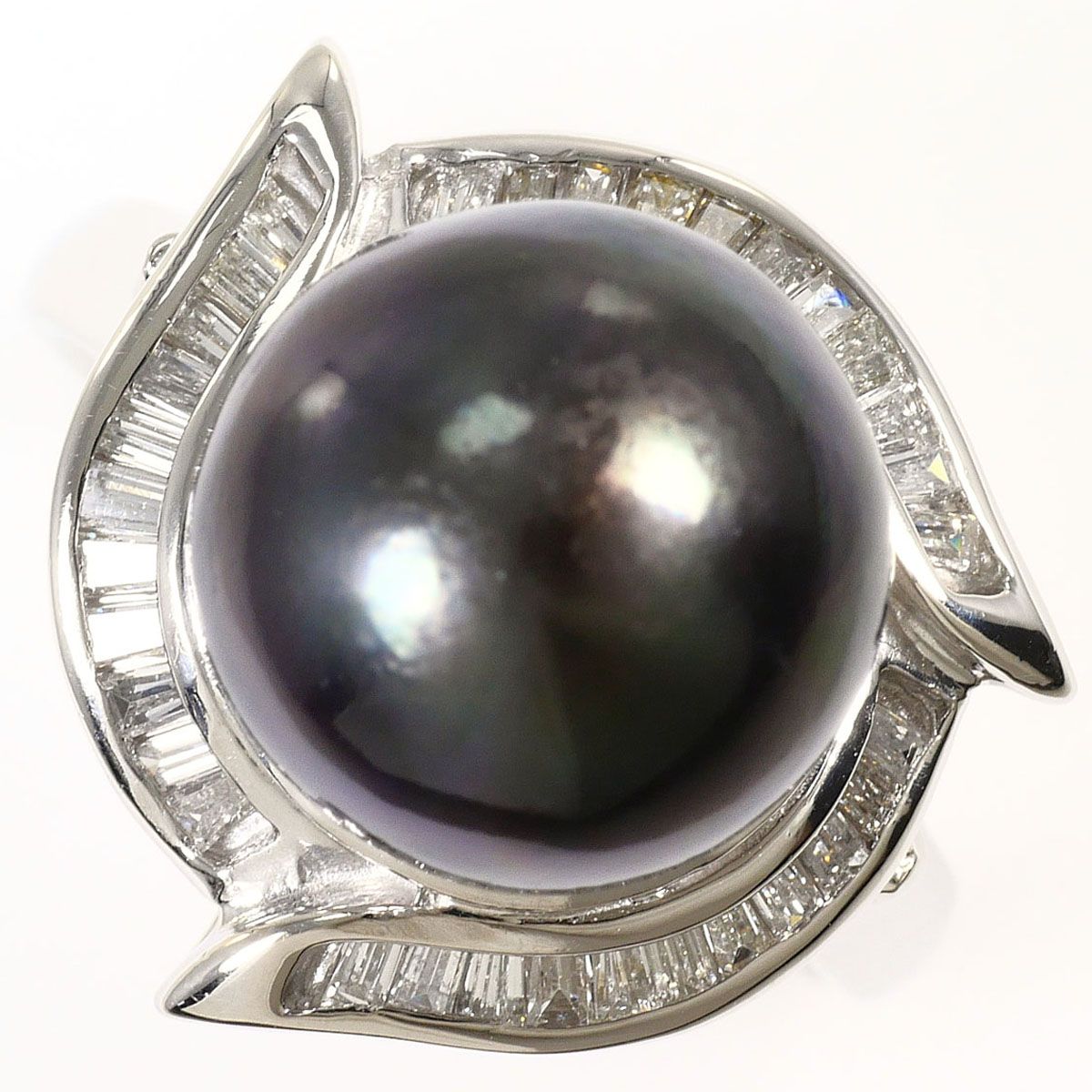PT900/プラチナ リング・指輪 16号 黒蝶真珠 ダイヤモンド 0.65ct