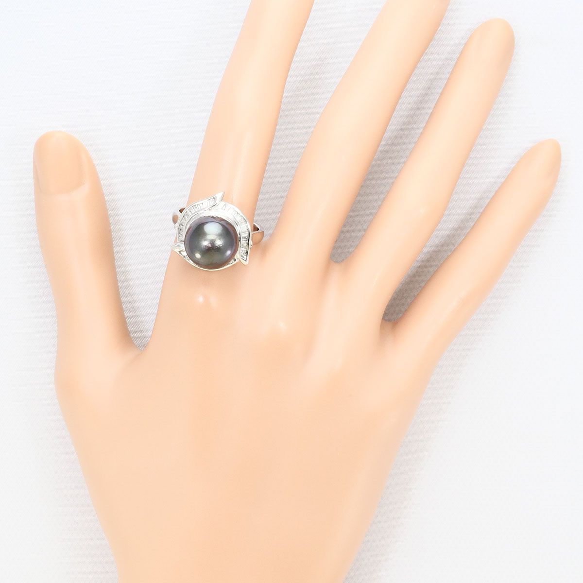 PT900/プラチナ リング・指輪 16号 黒蝶真珠 ダイヤモンド 0.65ct
