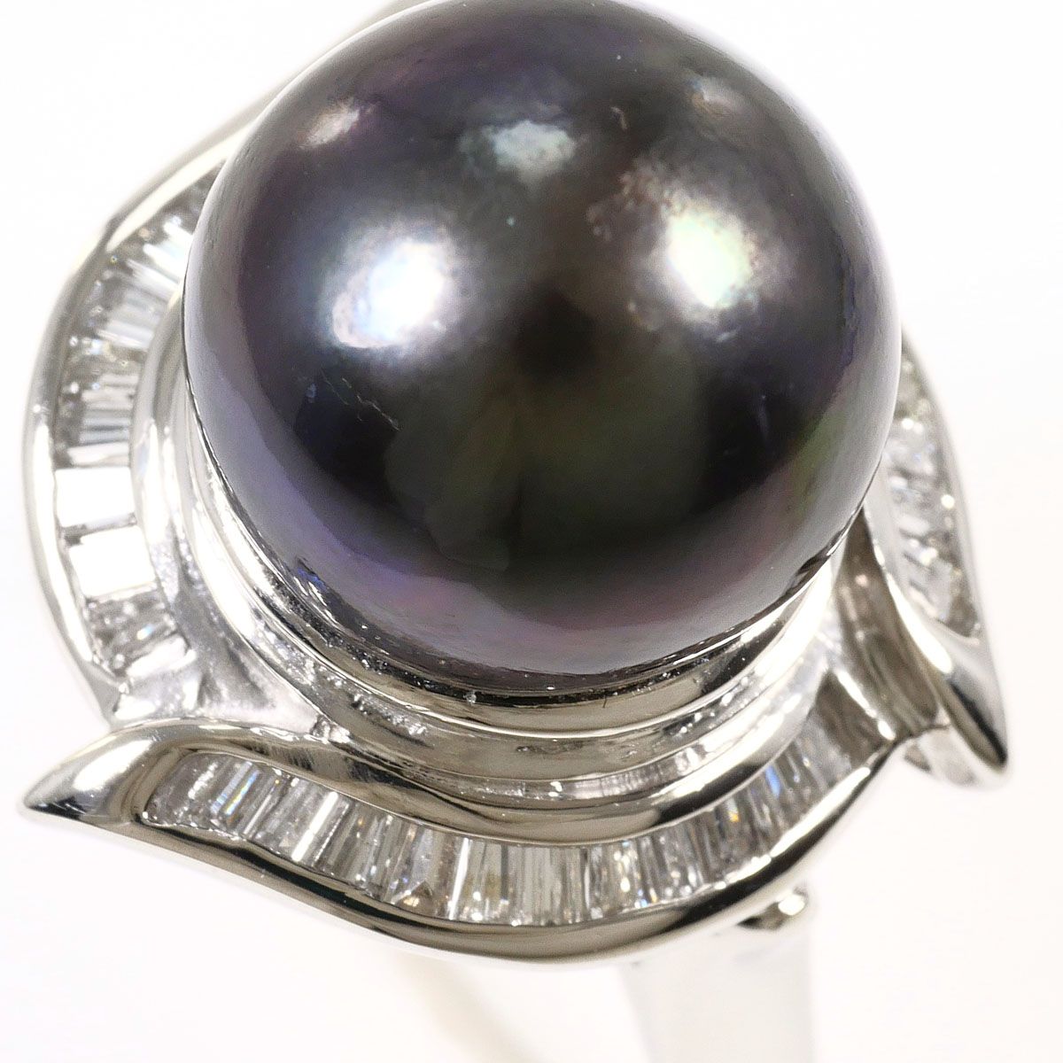 PT900/プラチナ リング・指輪 16号 黒蝶真珠 ダイヤモンド 0.65ct