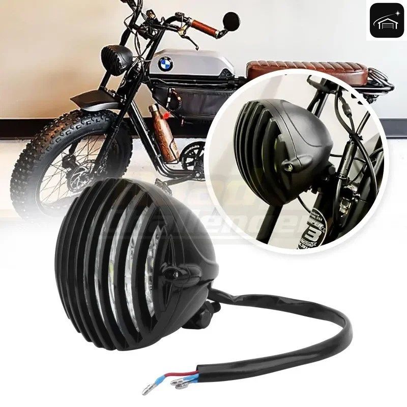 オートバイ用 LEDフィン付き グリルヘッドライト ハーレー カフェレーサー チョッパー ツーリング XS650 CB750 カスタムパーツ