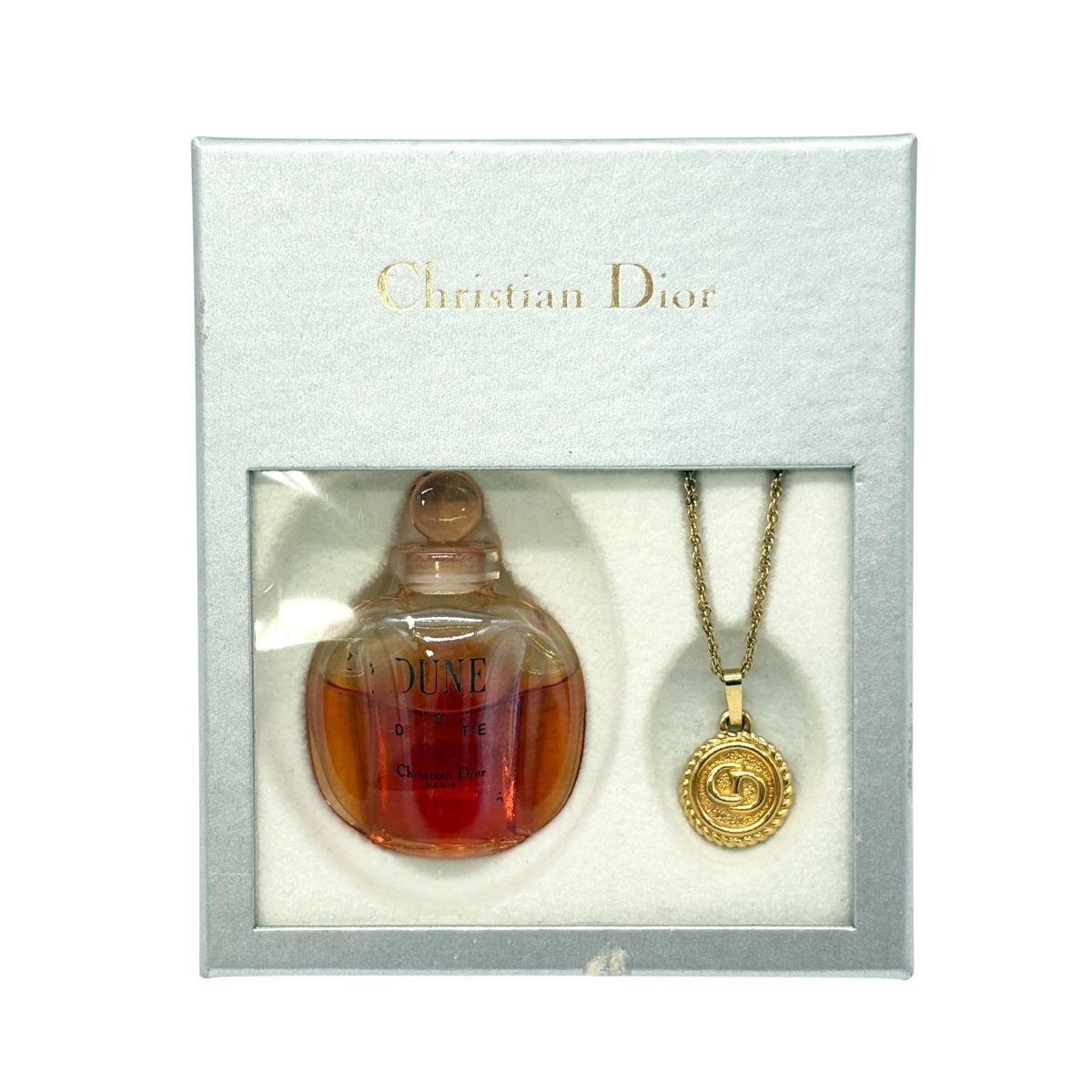 ♪4549 クリスチャンディオール ネックレス 香水 セット CDロゴ ゴールドカラー デューン ミニボトル 中古 Christian Dior DUNE
