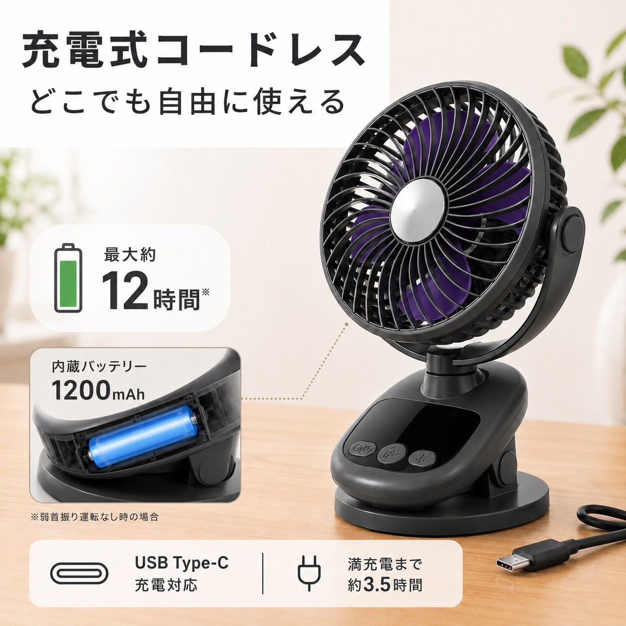 サーキュレーター dcモーター コードレス 壁掛け 首振り クリップ 車