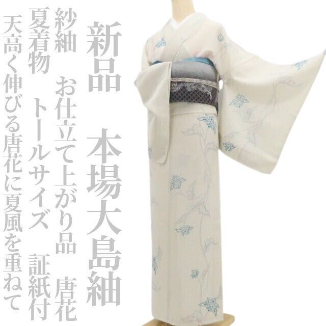 【新品・夏大島紬】紗紬 お仕立て上がり品 唐花 夏着物 正絹 仕付け糸付 トールサイズ 証紙付 tomihisa”伸びる唐花に夏風を重ねて”9071 64,900円