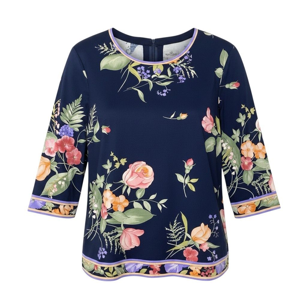 49g17 【美品】 LEONARD FASHION ロングスリーブ カットソー 美しい花柄プリント サイズ42 ネイビー コットン100% レディースu02t