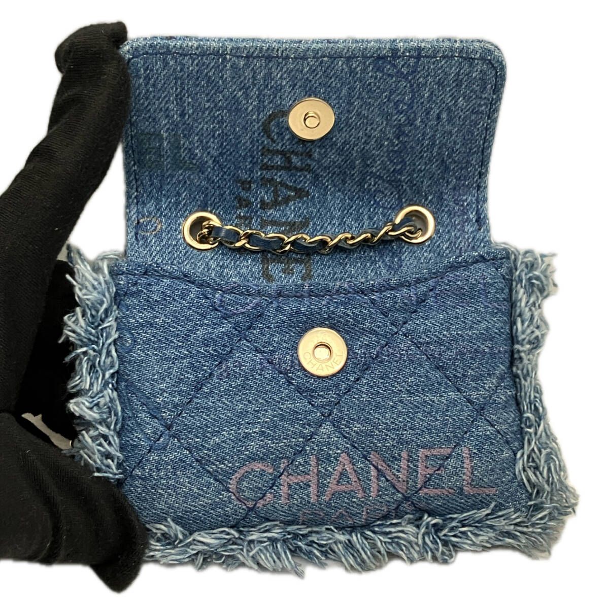 鑑定書付 CHANEL シャネル マトラッセ ミニチェーンポーチ デニム