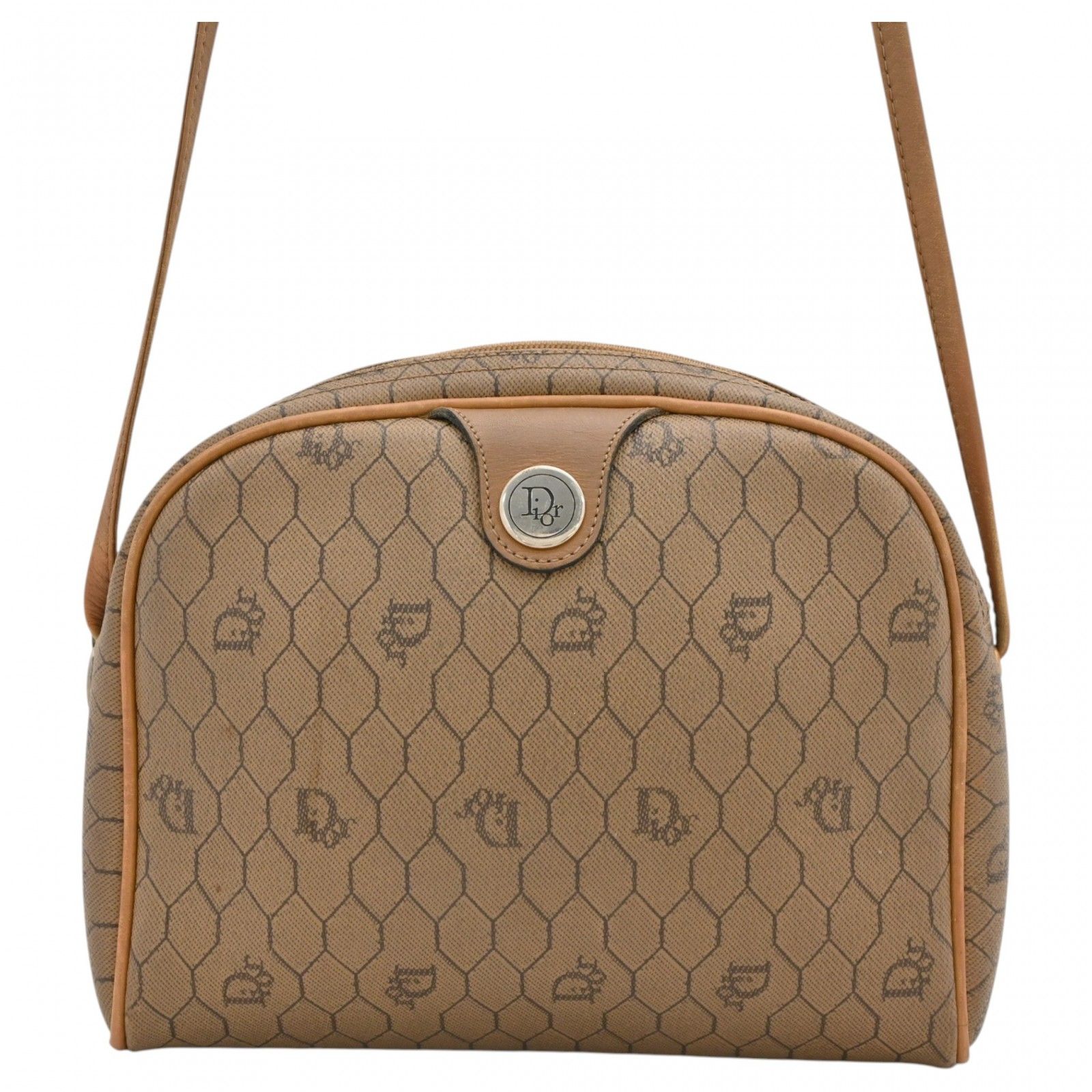 【中古】ディオール ハニカム柄 ショルダーバッグ Dior ロゴ シルバー金具 ブラウン Bランク di5409ff