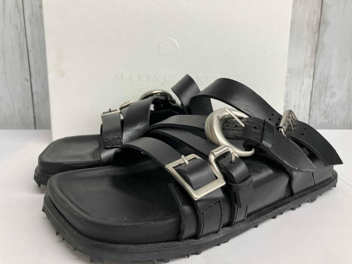 Marine Serre バックル レザーサンダル マリーンセル　オープンスクエアトゥ ブラック シルバーバックル size42