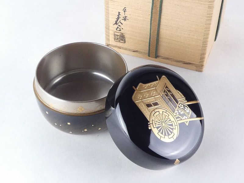 平安 伊藤表正(表阿弥) 御所車蒔絵平棗 共箱 内銀地 保証品 茶道具 /R
