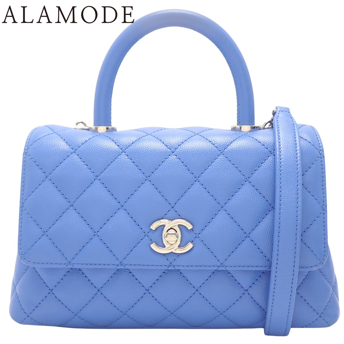CHANEL(シャネル) マトラッセ ココハンドルXS ハンドバッグ 2WAY チェーン ショルダーバッグ ココマーク 肩掛け キャビアスキン ブルー青 シャンパンゴールド金具 レディース 40802196544【中古】【アラモード】