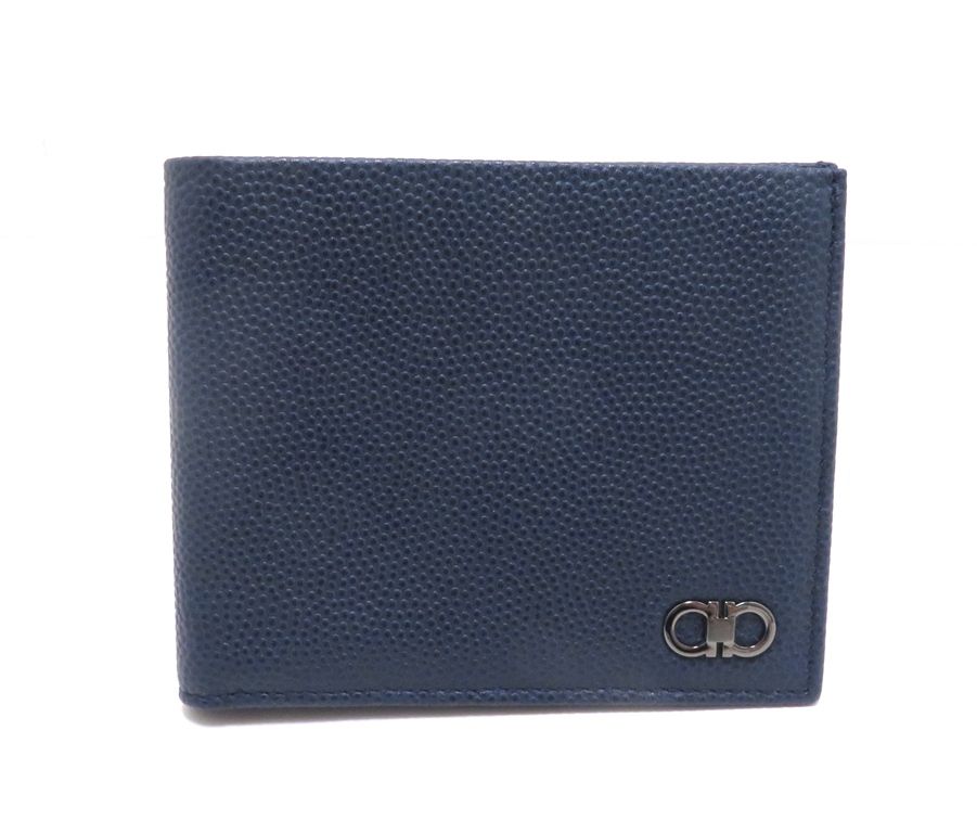 Salvatore Ferragamo サルヴァトーレフェラガモ ガンチーニ 二つ折札入れ 【205】 二つ折り財布 レザー ネイビー メンズ【中古】