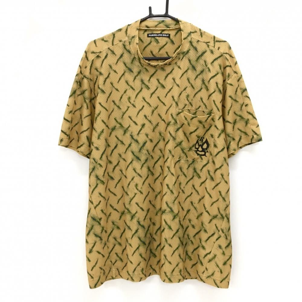 【美品】ラッセルノゴルフ 半袖ハイネックシャツ イエローブラウン×ダークグリーン 総柄 メンズ 6(XL) ゴルフウェア RUSSELUNO