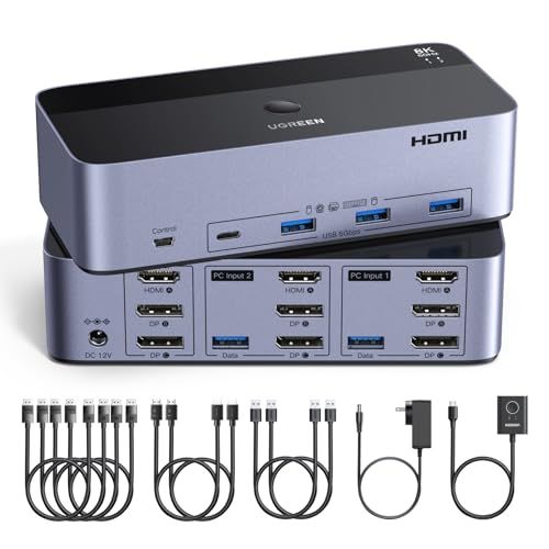 UGREEN HDMI＋DisplayPort KVMスイッチ（2台PC・3台モニター対応）8K60Hz／USB3.0×4、ボタン＆デスクトップコントローラー切替、Windows・Mac・Linux対応