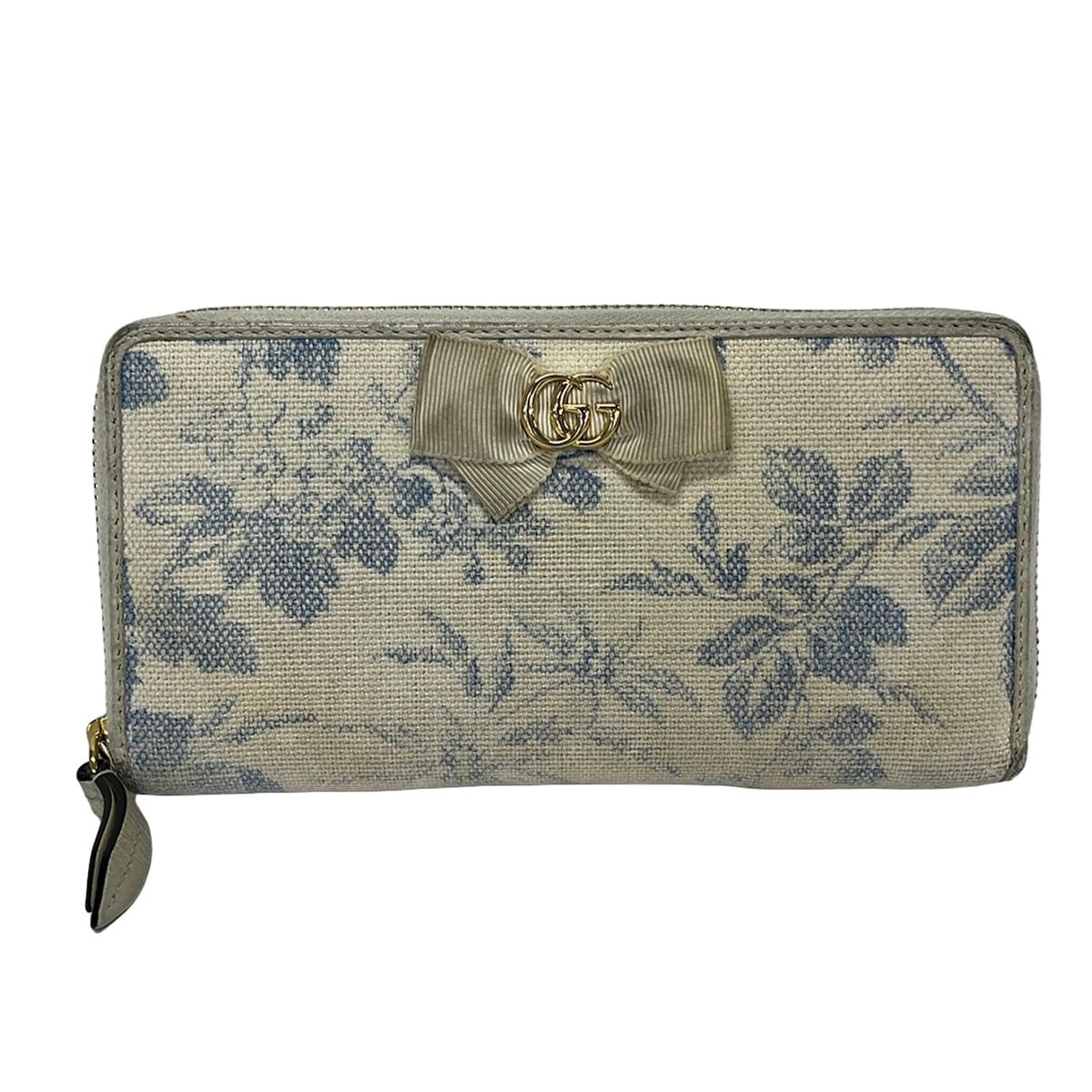 GUCCI(グッチ) 長財布 GGリボン 435819 アイボリー×ブルー 花柄/ラウンドファスナー レザー