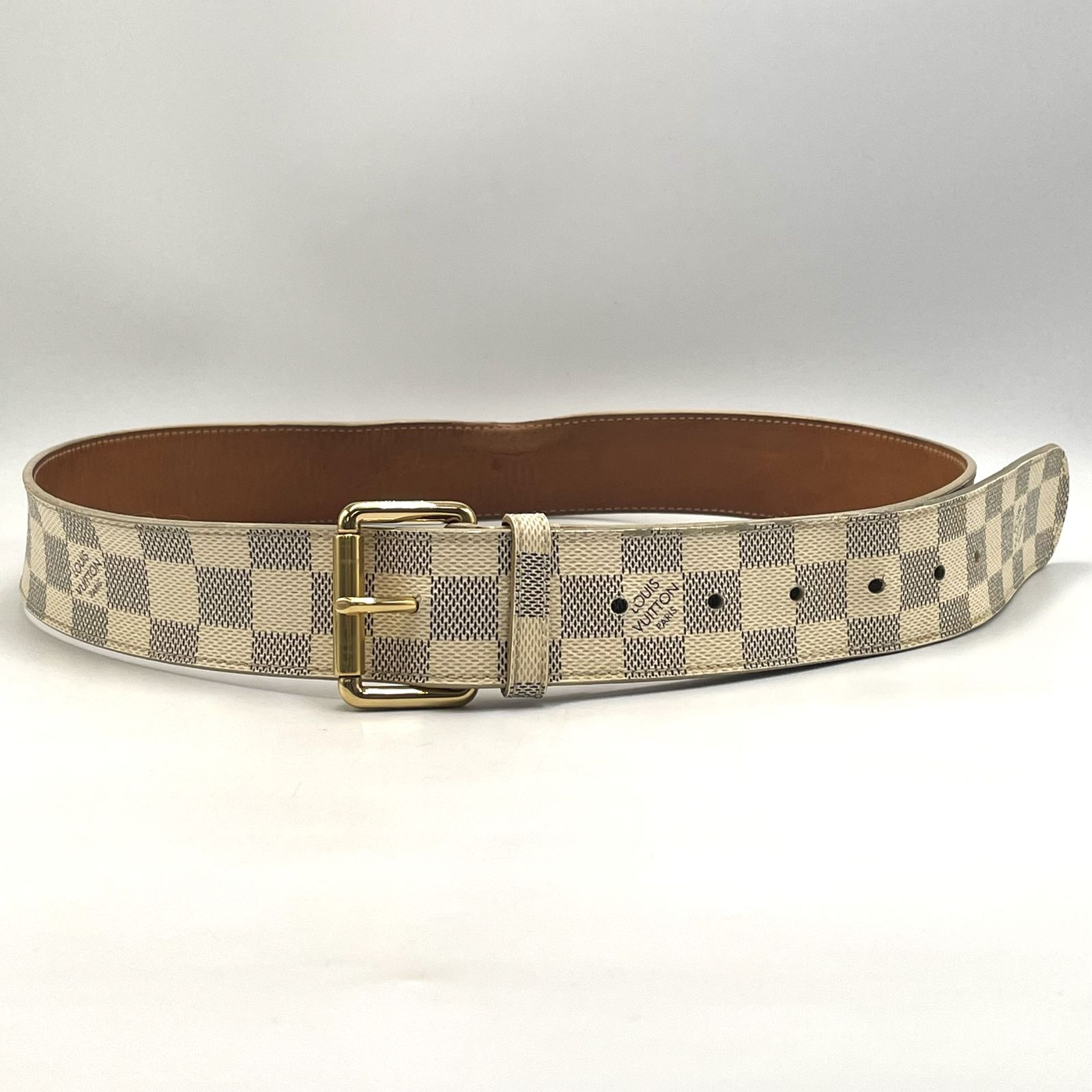 【爽やかで重厚感のある、ダミエベルト】LOUIS VUITTON ルイ ヴィトン ダミエ アズール サンチュール ポシェット ソロ M9835 95/38 ベルトのみ ワイドベルト アイボリー パープル ゴールドバックル メンズ 当店基準真贋確認済